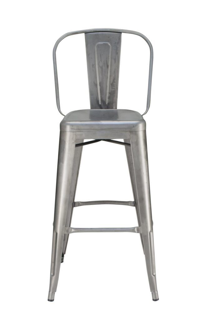 A metal bar stool with a handle on a white background.