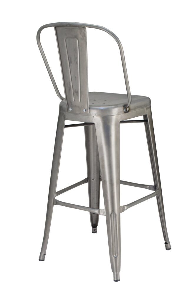 A stainless steel bar stool with a twisted back on a white background.
