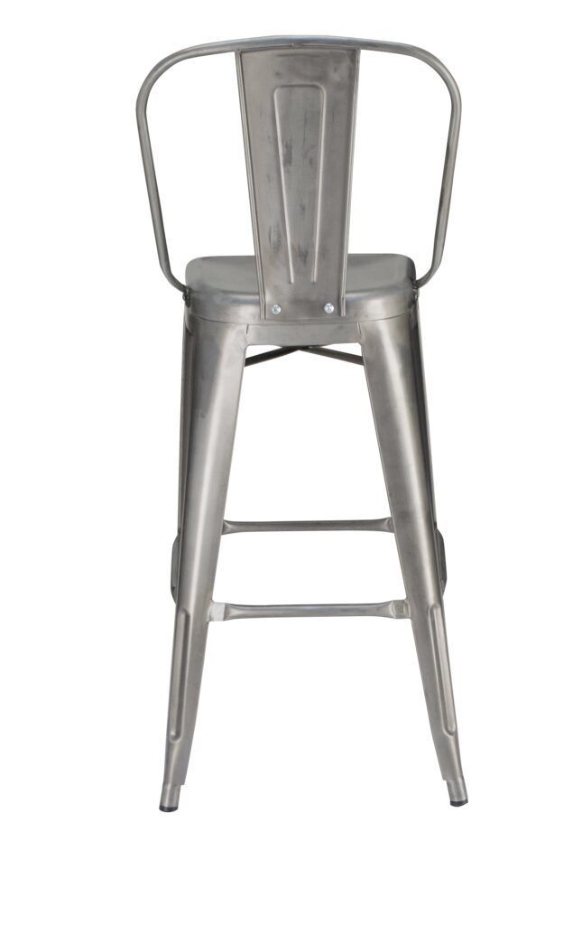 A metal bar stool with a handle on a white background.