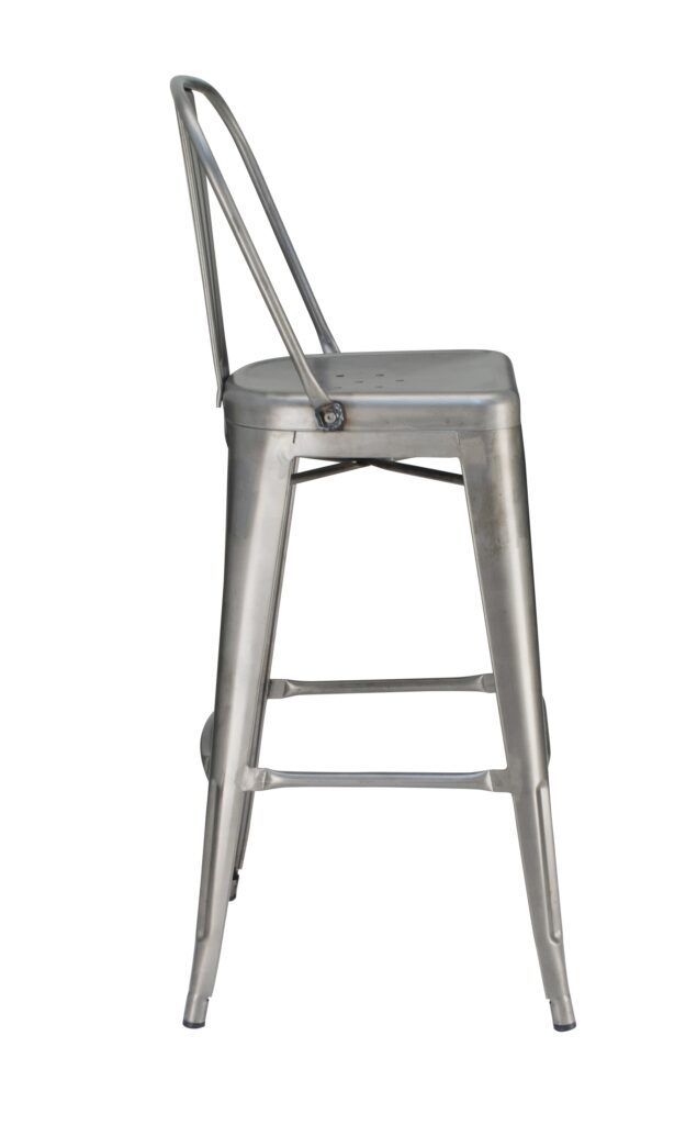A metal bar stool with a rope back on a white background.