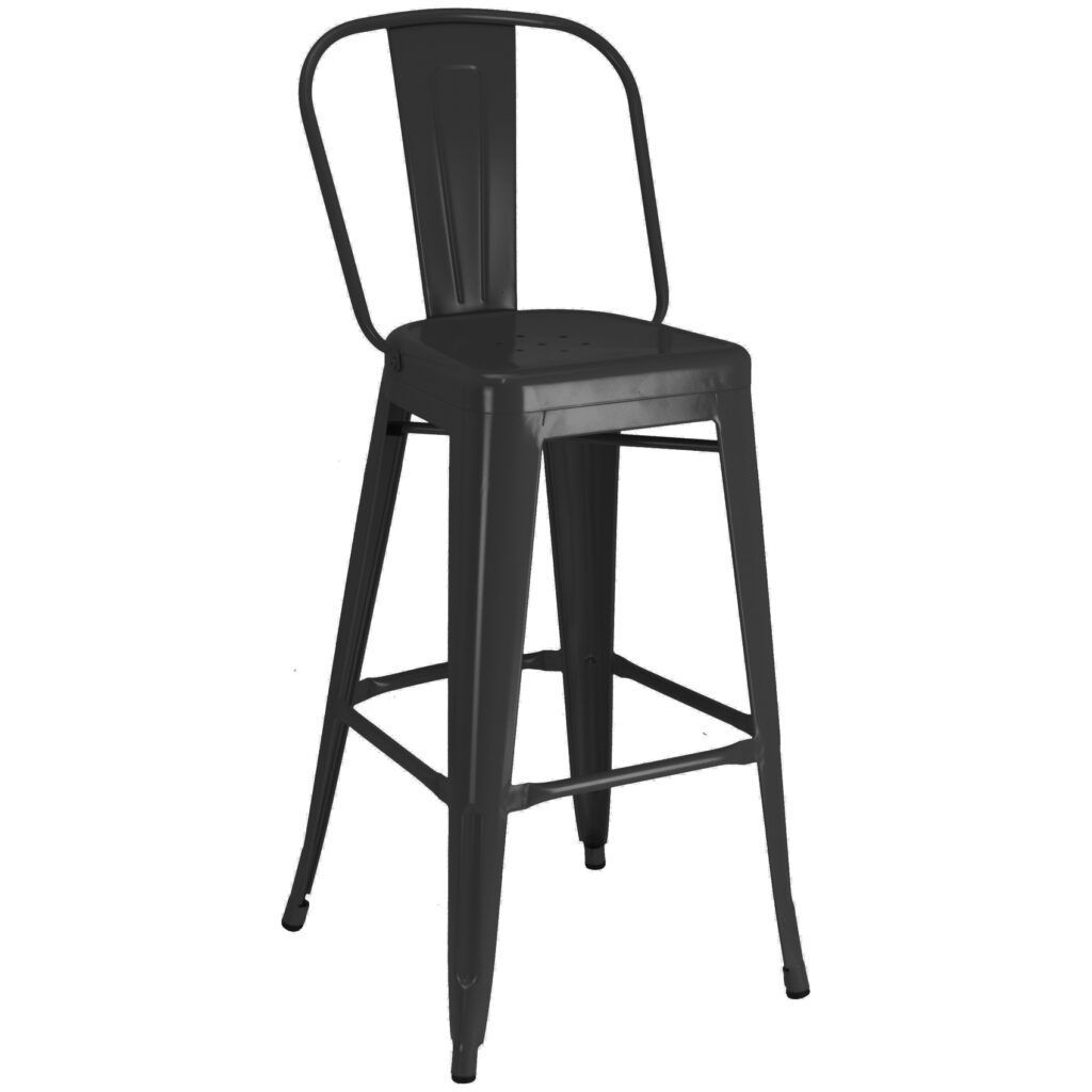 A black bar stool with a back on a white background.