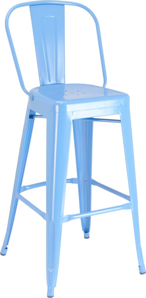 A light blue bar stool with a back on a white background.
