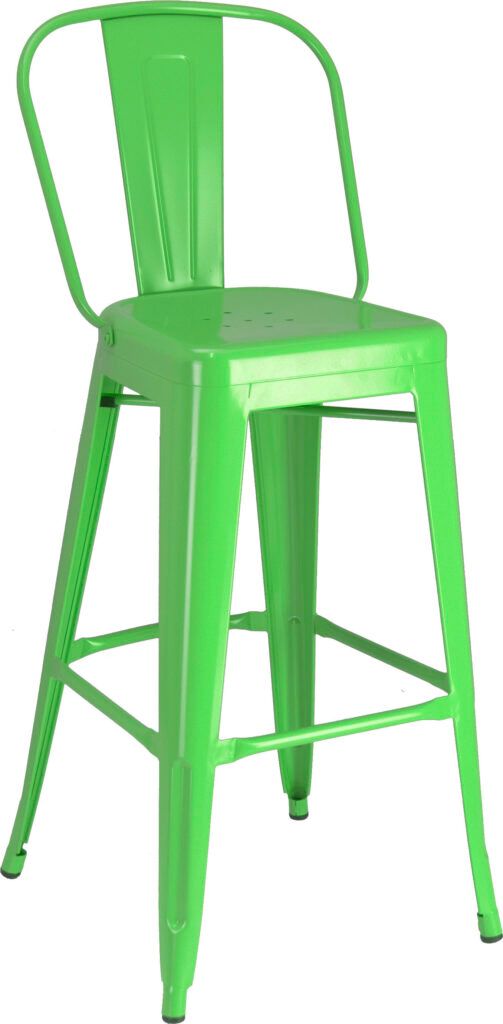 A green bar stool with a back rest on a white background.