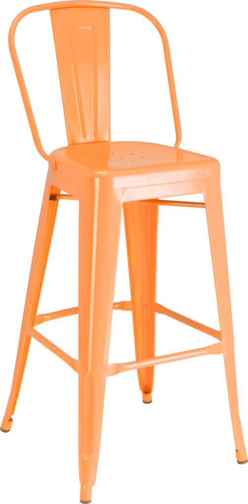 An orange bar stool with a back rest on a white background.