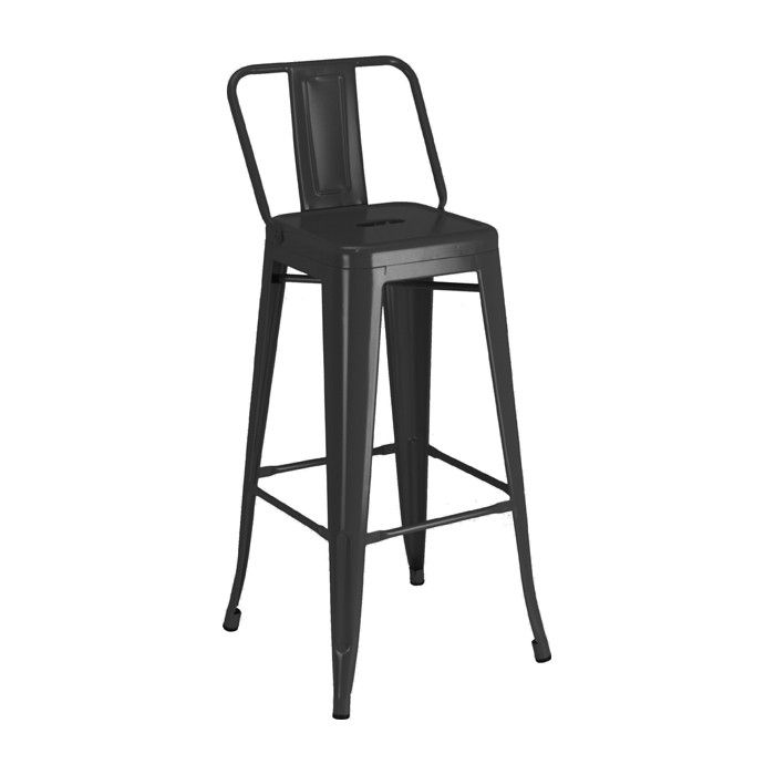 A black bar stool with a back rest on a white background.