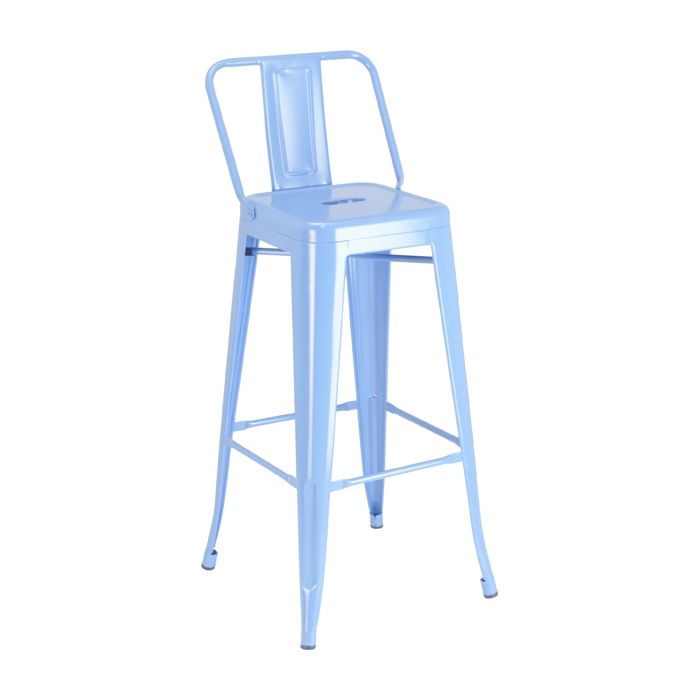 A light blue bar stool with a back rest on a white background