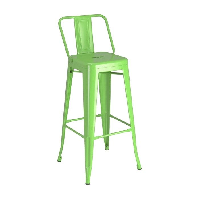 A green bar stool with a back rest on a white background
