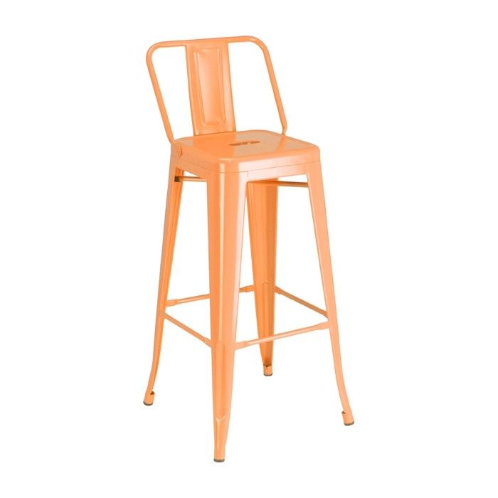An orange bar stool with a back rest on a white background
