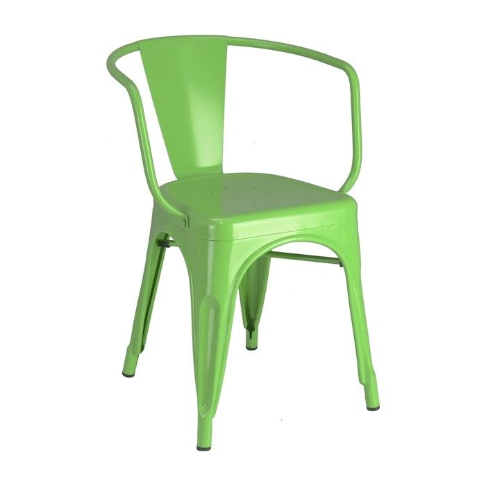 A green chair with a arm rest on a white background.