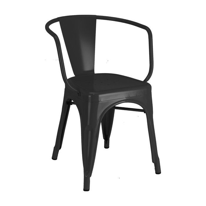 A black chair with a arm rest on a white background.