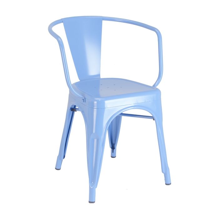 A light blue chair with a arm rest on a white background