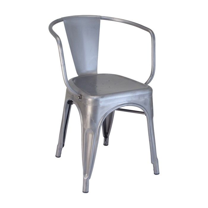 A silver metal chair with a arm rest on a white background.