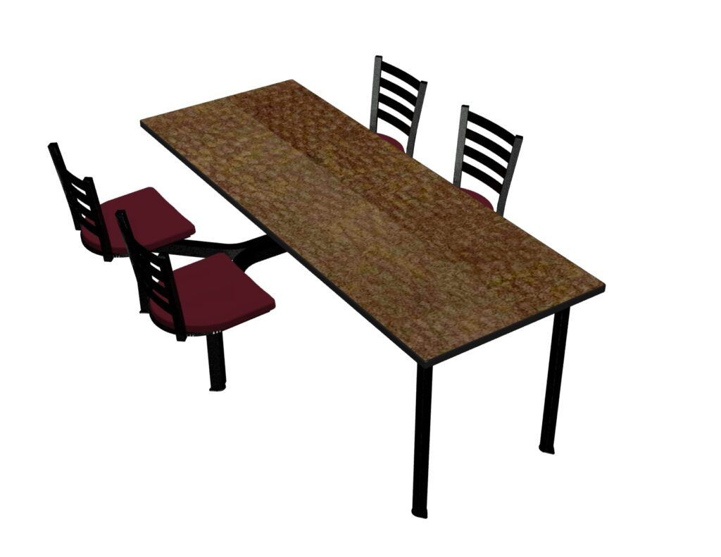 A wooden table with three chairs on it