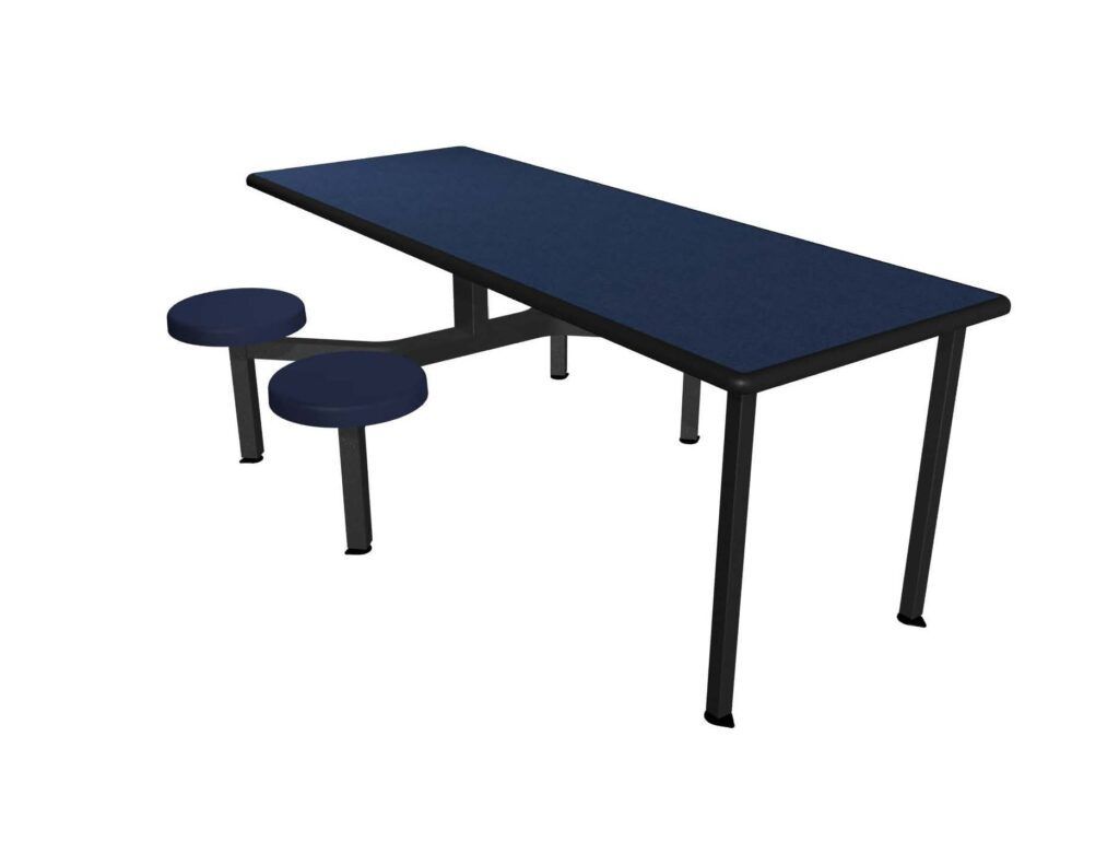 A blue table with two blue stools on a white background.