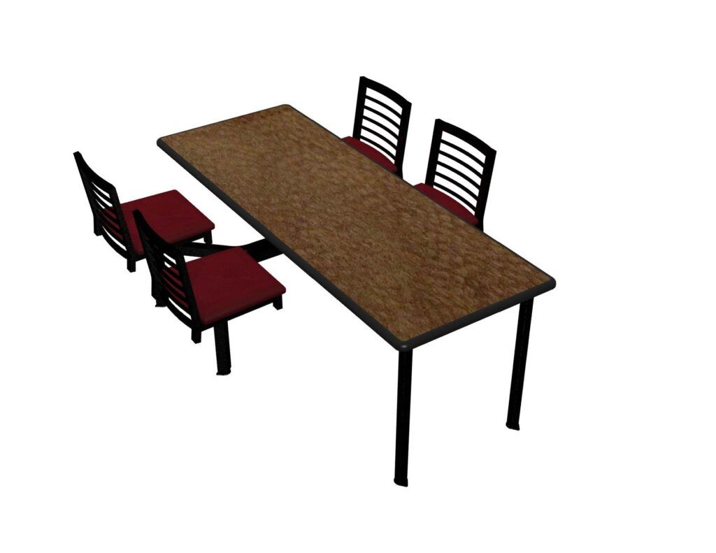 A 3d model of a table and chairs on a white background