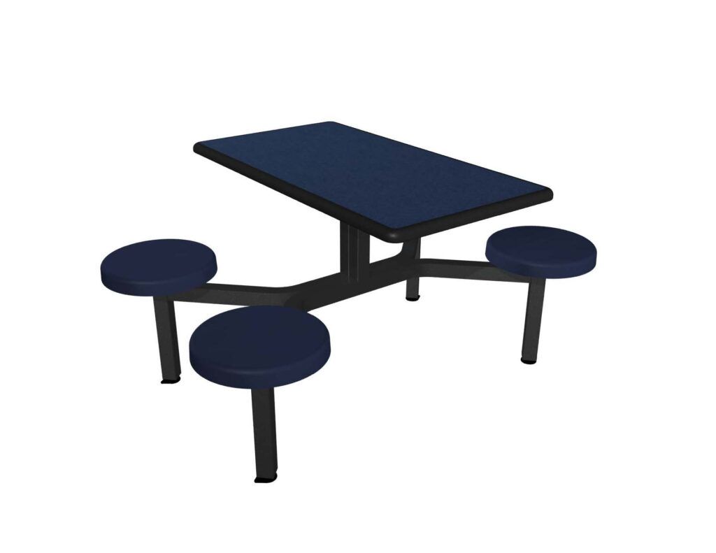 A blue picnic table with four blue seats on a white background