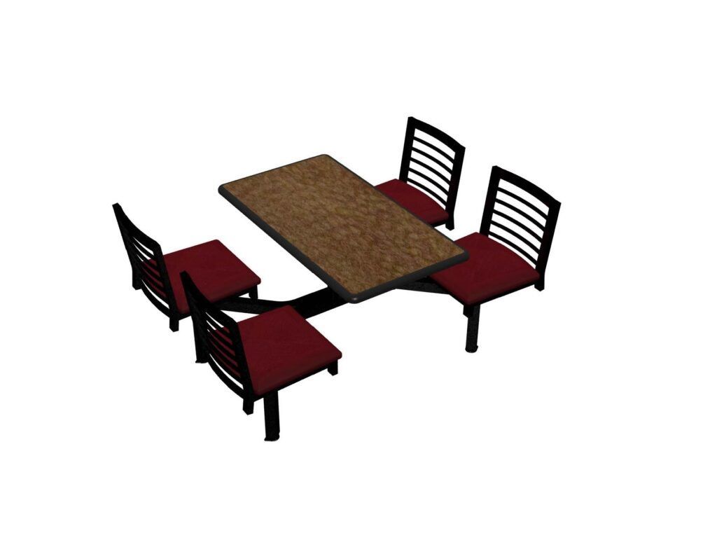 A 3d model of a table and chairs on a white background