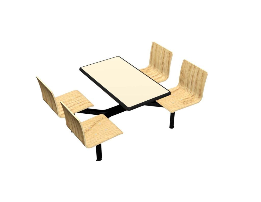 A table with four chairs around it on a white background