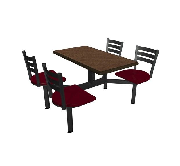 A table and chairs with red cushions on a white background