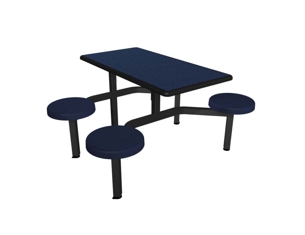 A blue picnic table with four blue stools on a white background.