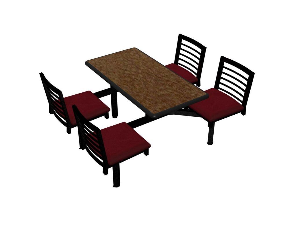 A 3d model of a table and chairs with red cushions