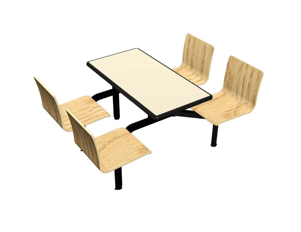 A table with four wooden chairs on a white background