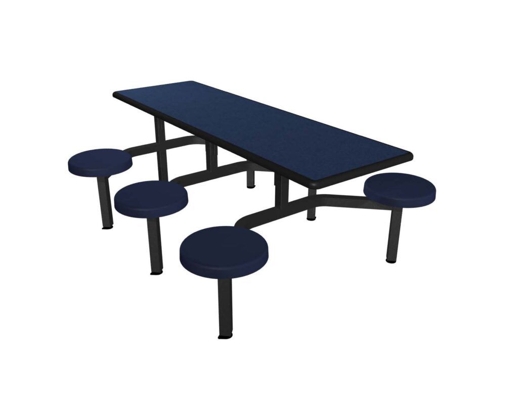A blue picnic table with four blue stools on a white background.