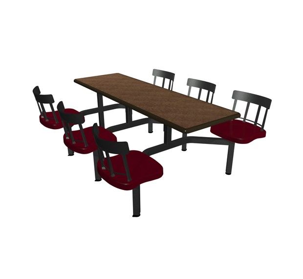 A wooden table with red chairs on a white background
