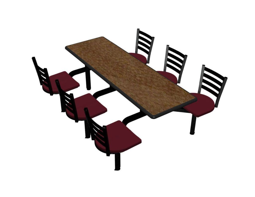 A 3d model of a table and chairs on a white background