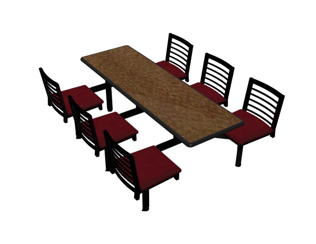 A 3d model of a table and chairs with red cushions