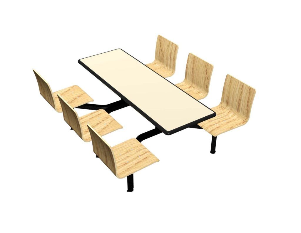 A 3d model of a table and chairs on a white background