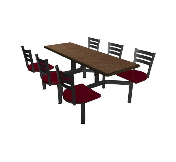 A table and chairs with red cushions on a white background.