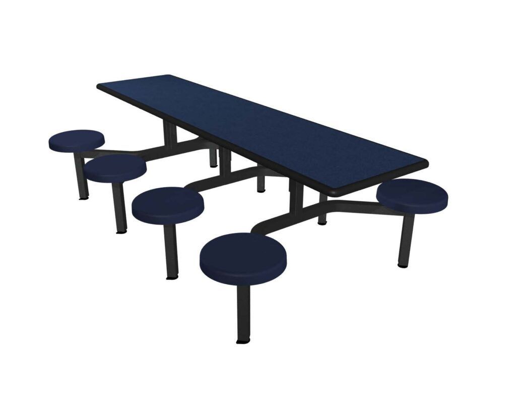 A blue picnic table with blue stools on a white background
