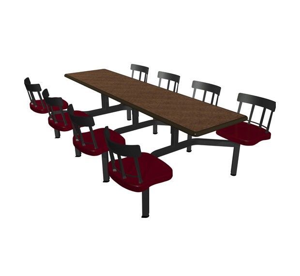 A wooden table with red chairs on a white background