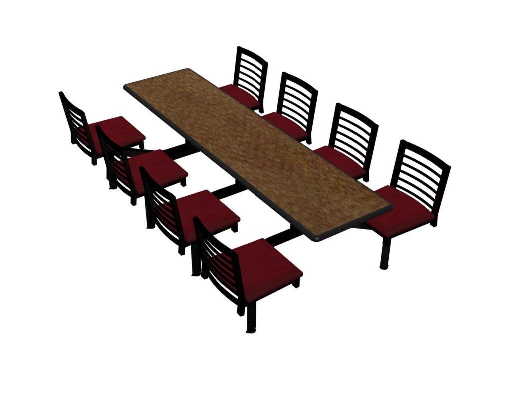A computer generated image of a long table and chairs