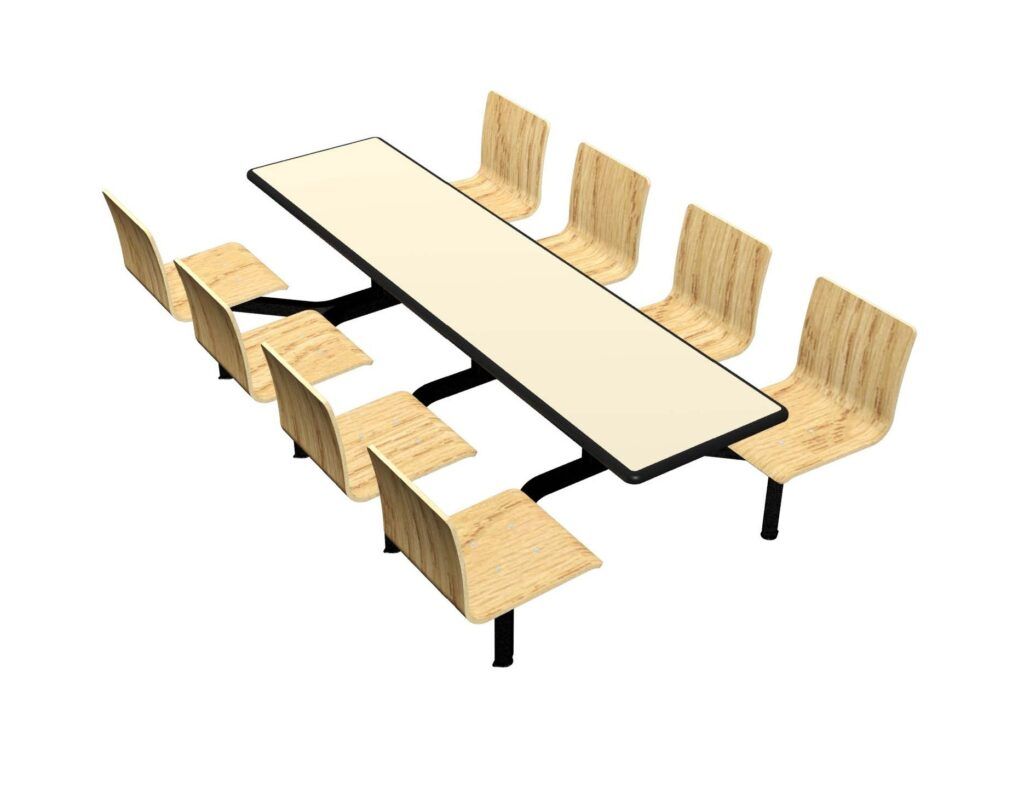 A long table with chairs attached to it on a white background