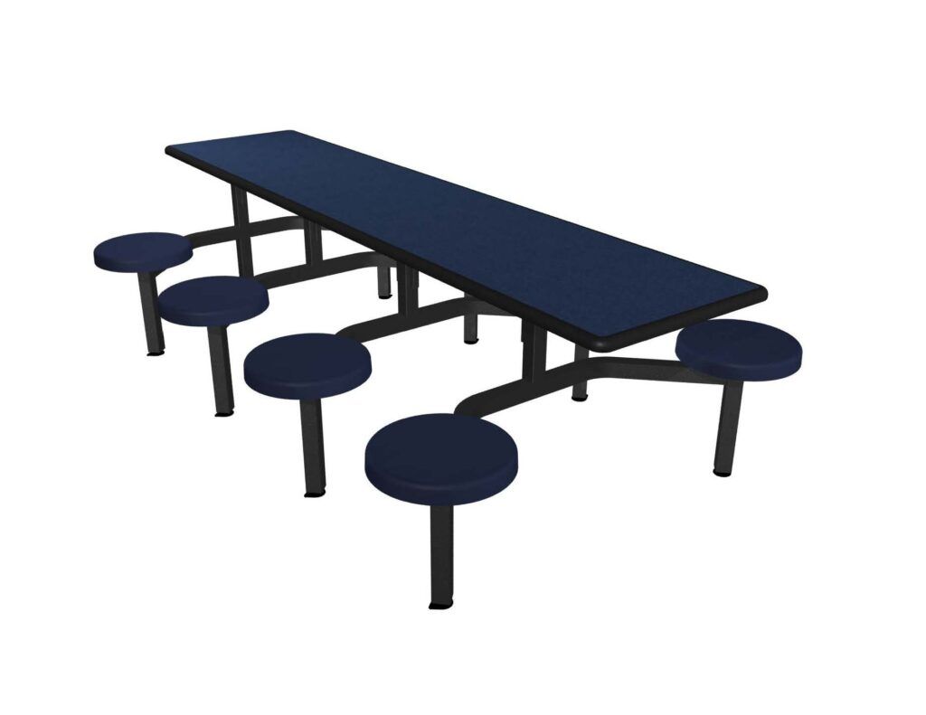 A blue picnic table with four blue stools on a white background.