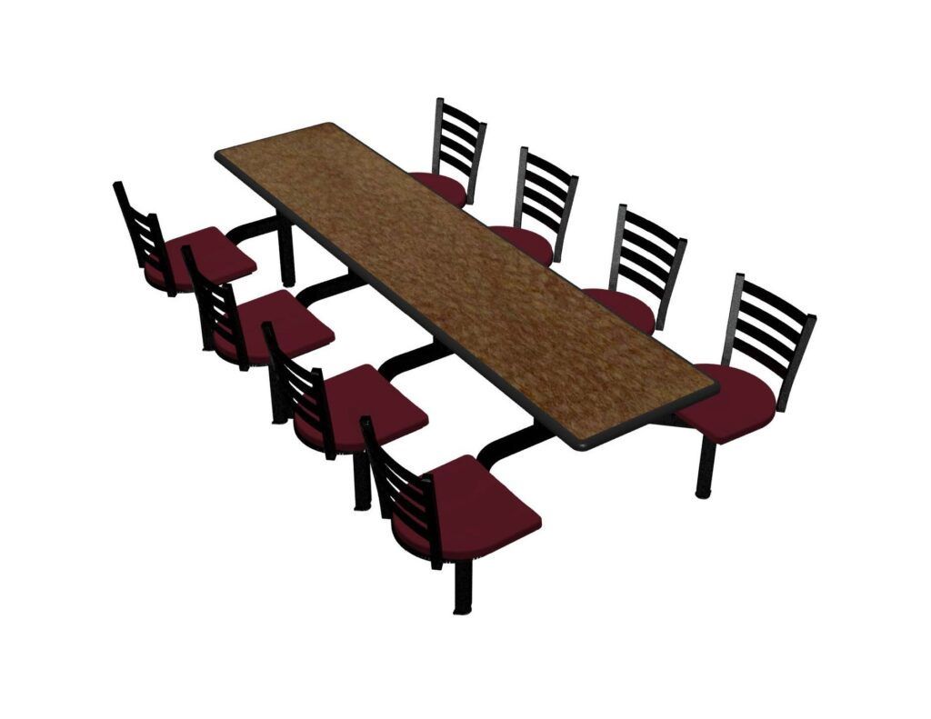 A long wooden table with red chairs on a white background