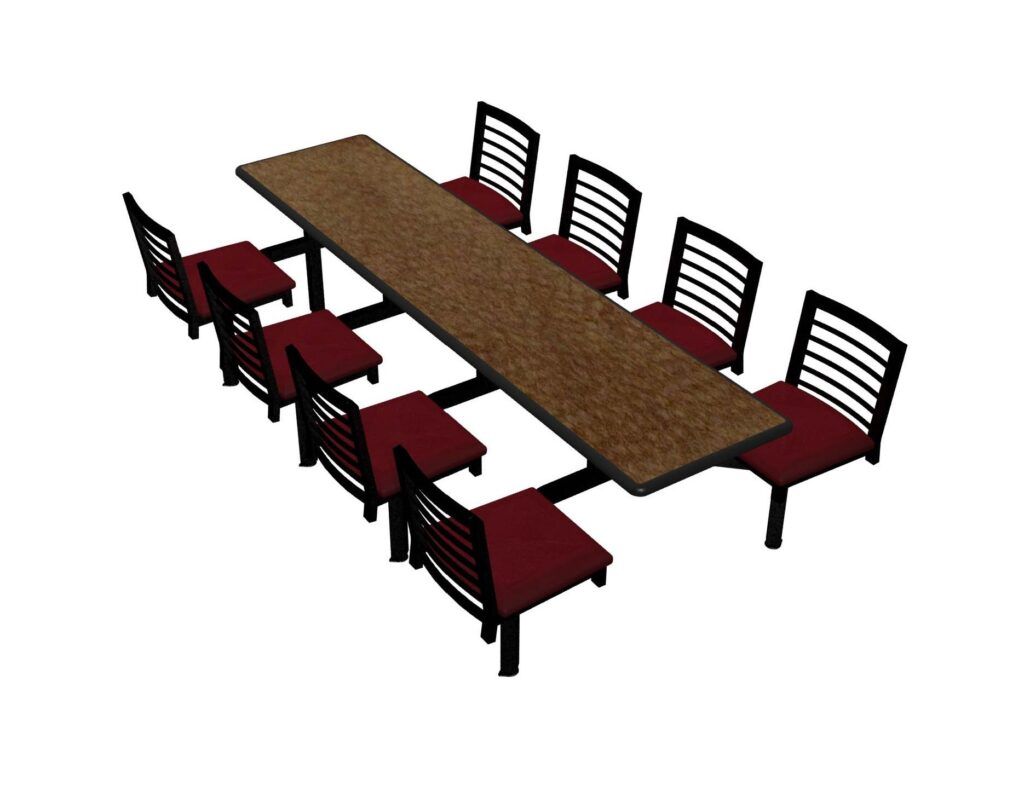 A computer generated image of a long table and chairs