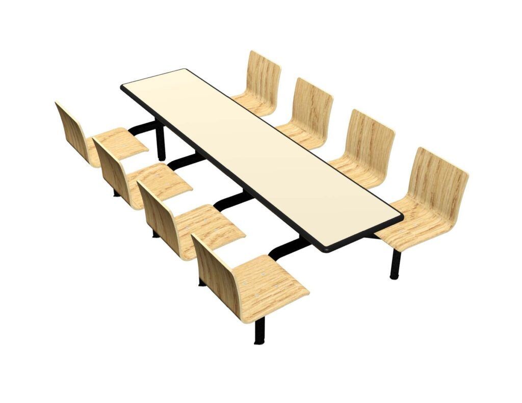 A long table and chairs on a white background
