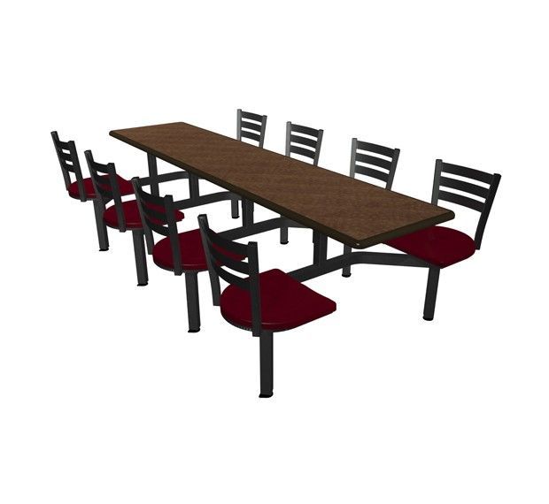 A long wooden table and chairs with red cushions on a white background.