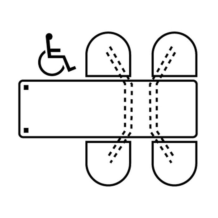 A black and white drawing of a person in a wheelchair.