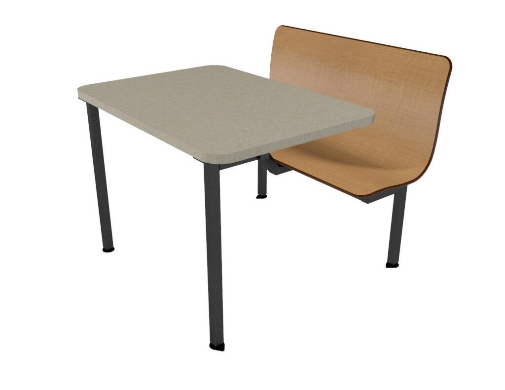 A table with a bench attached to it on a white background