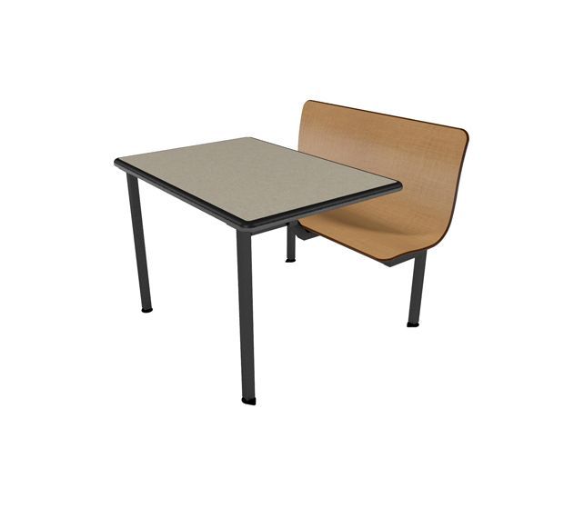 A desk with a chair attached to it on a white background.