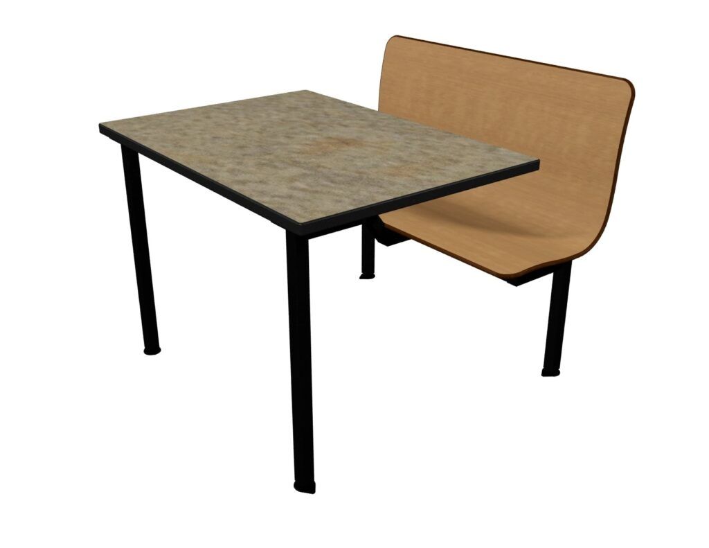 A table with a bench attached to it on a white background