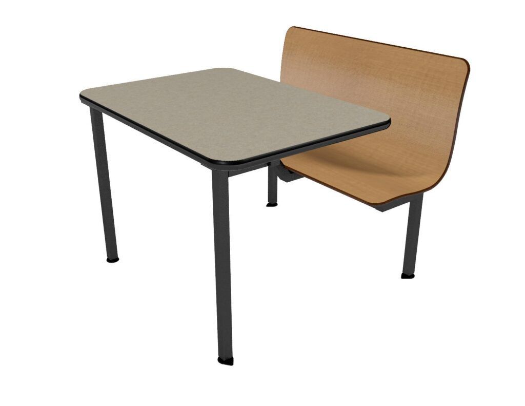 A table with a bench attached to it on a white background