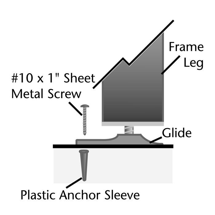 A diagram of a tv stand with a metal screw and plastic anchor sleeve