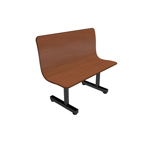 A wooden bench with black legs on a white background