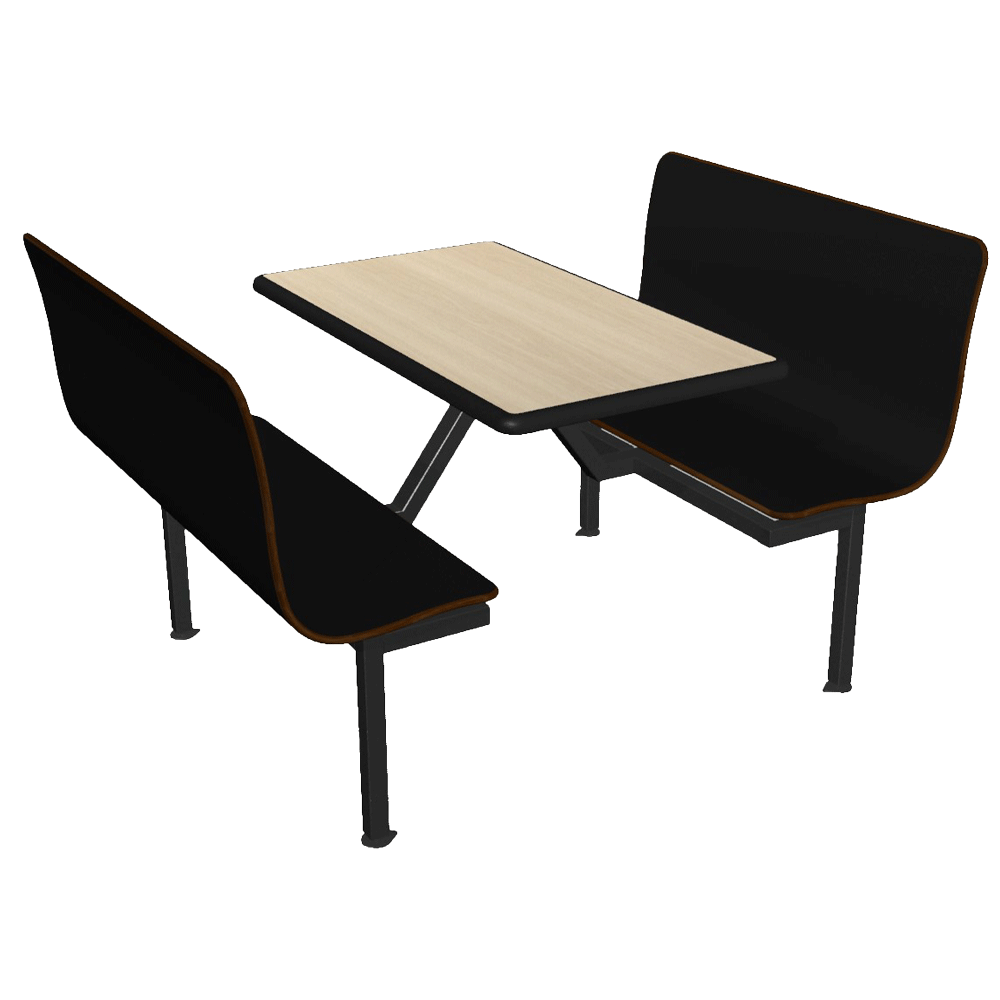 A 3d model of a table and benches on a white background