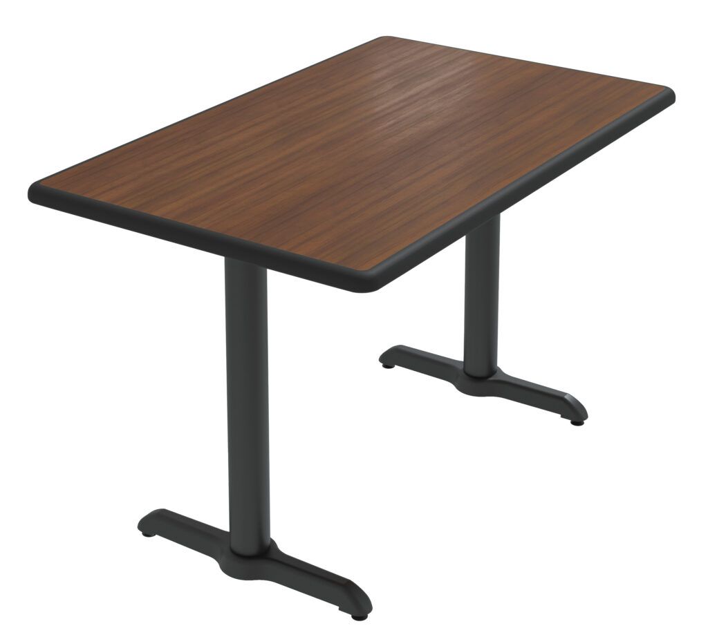 A wooden table with a black base on a white background